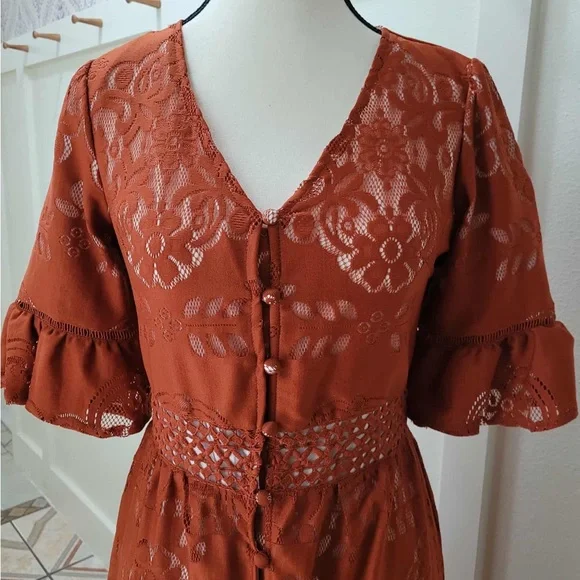 Ivy City Co Lace Button-Down Dress in Rust - Picture 3 of 5